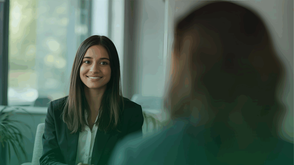 Menina sendo entrevistada para vaga em emprego.
