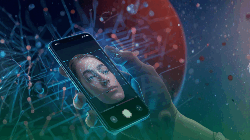 Pessoa realizando a validação biométrica por dispositivo celular. 