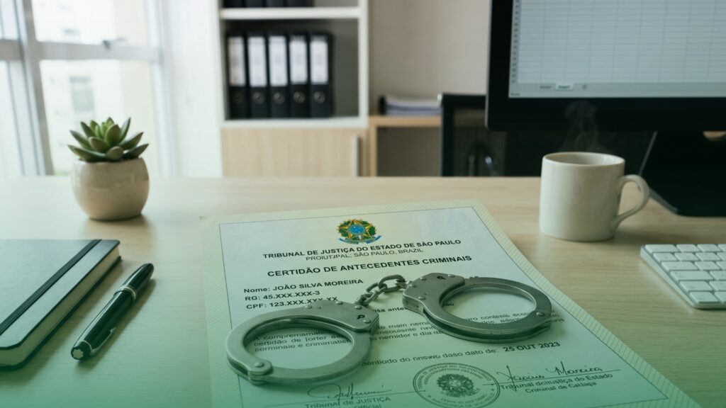 Certidão de antecedentes criminais sobre uma mesa de escritório com algemas em cima do documento ilustrando a checagem de registros criminais e folha corrida pelo RH