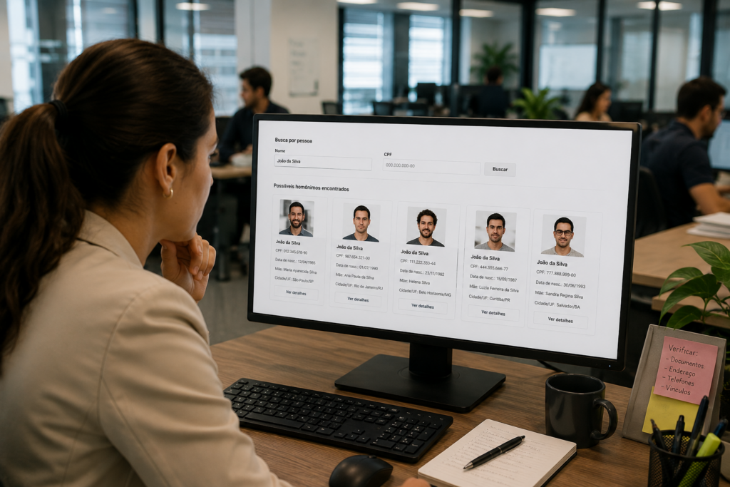 Profissional de RH checando antecedentes em seu computador de trabalho e se deparando com homônimos, que devem ser evitados para mais precisão nas buscas. 