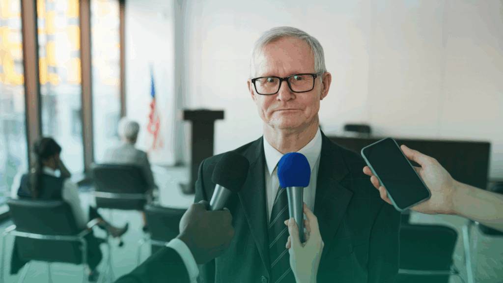 Um homem mais velho, de terno e óculos, está sendo entrevistado por repórteres segurando microfones e um smartphone em uma sala de conferências. O que evidência a  a análise do teor da notícia em consulta de mídias, pois pode ser que o que ele fale seja distorcido e se torne fake news. 