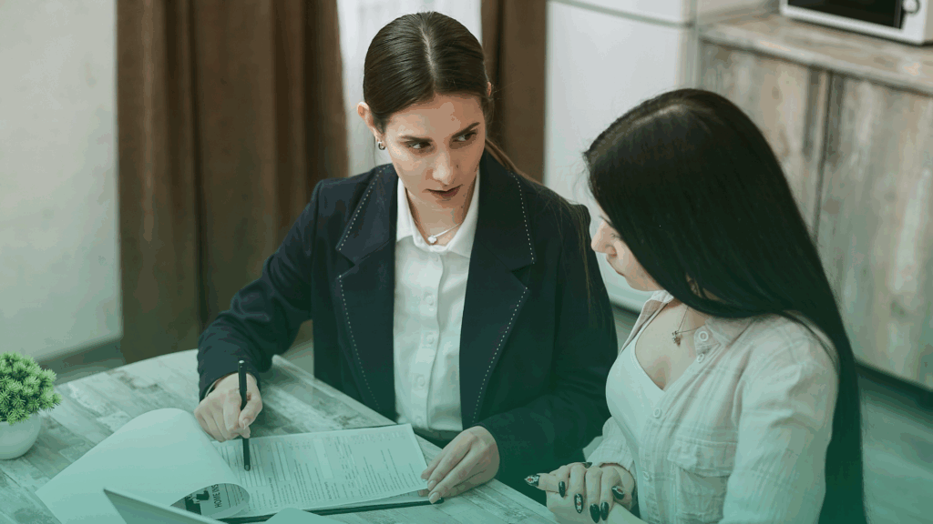 Duas mulheres sentadas em uma mesa analisam documentos durante um processo seletivo, representando a exigência de antecedentes criminais como parte da contratação.