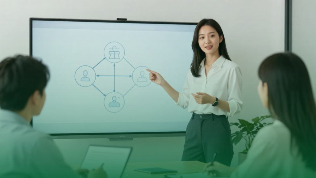 Uma profissional apresentando um case, durante uma entrevista, com diagrama de trabalho em equipe na tela. 