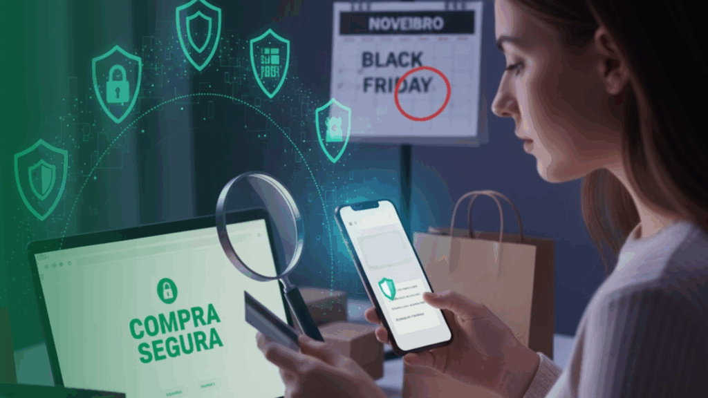 Mulher pesquisando e assegurando uma compra sem prejuízos durante a black friday