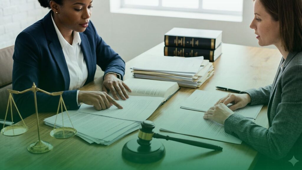 Advogadas sentadas à mesa de um escritório, analisando e discutindo documentos jurídicos. Na mesa, há uma balança da justiça, um martelo de juiz e pilhas de papel, simbolizando o andamento de um processo cível.
