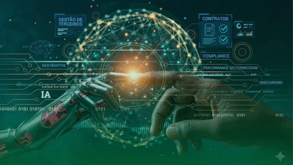 Mão humana tocando mão robótica. Um globo digital e painéis holográficos flutuam no fundo com termos que ilustram a fusão da tecnologia com o trabalho humano na análise de dados dentro da gestão de terceiros.

