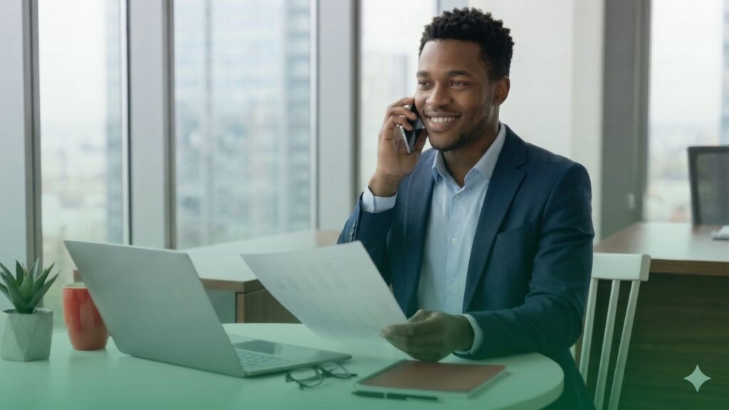 Profissional de RH faz chamada telefônica segurando currículo de candidato em um escritório corporativo, o que representa o processo de checagem de referências profissionais e análise de histórico.