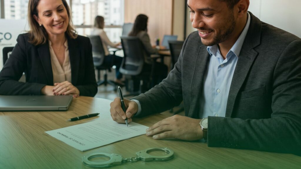 Homem reabilitado assina contrato de trabalho em empresa que promove sua reintegração social. 
