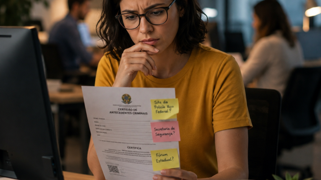 Pessoa em escritório analisando uma certidão criminal e em dúvida se pode consultar esse tipo de dado criminal 