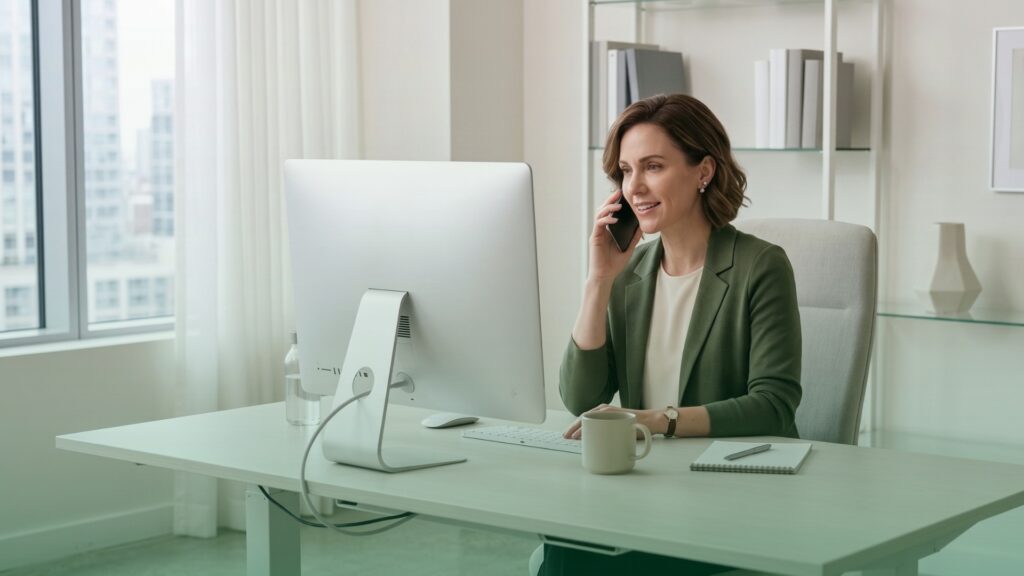 Profissional de RH em seu escritório verifica referências profissionais por meio de uma chamada telefônica enquanto realiza anotações no computador visando uma contratação mais segura.
